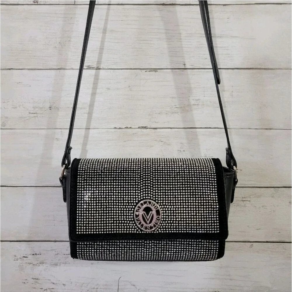 Valentino Orlandi Silver Studded Black Crossbody Bag Foldover Handbag Italy Luxe